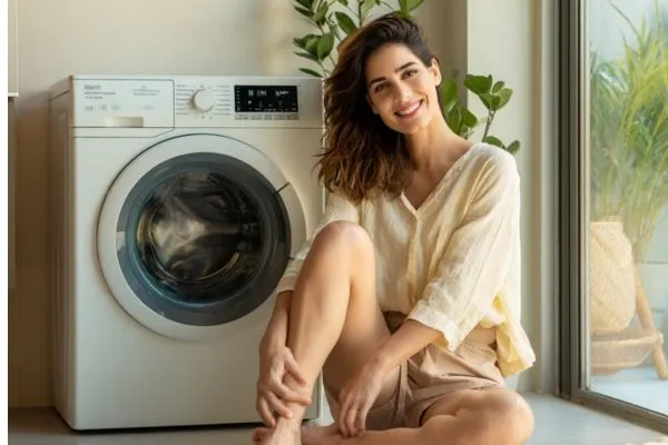 mulher sentada ao lado de uma maquina de lavar roupa